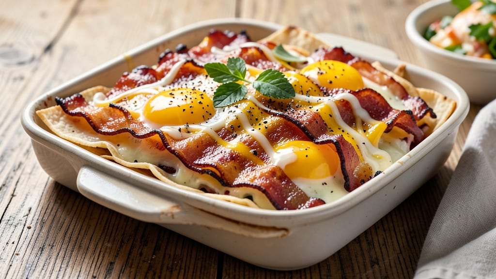 Bacon and Egg Lasagna Recipe: Crispy Tortilla Layers With Smoky Yolk Magic