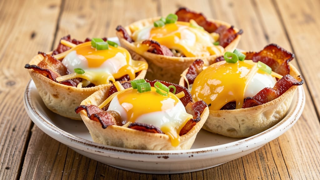 Bacon Egg and Cheese Breakfast Cups Recipe: Crispy Tortilla Shells With Melted Cheese and Golden Yolk
