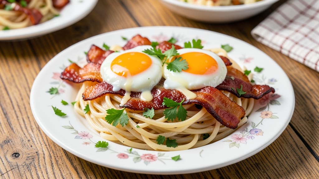 Bacon and Egg Noodle Recipe: Crispy Bacon Bites and Silky Poached Eggs