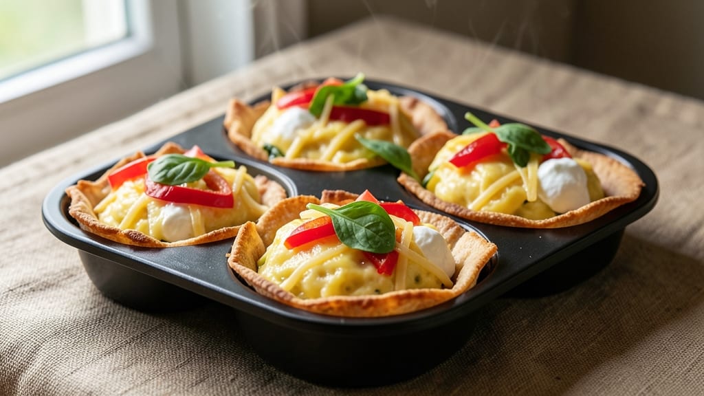 Three Bridges Spinach and Bell Pepper Egg Bites Recipe: Tortilla-Crisped Cups with Vibrant Veggie Pack