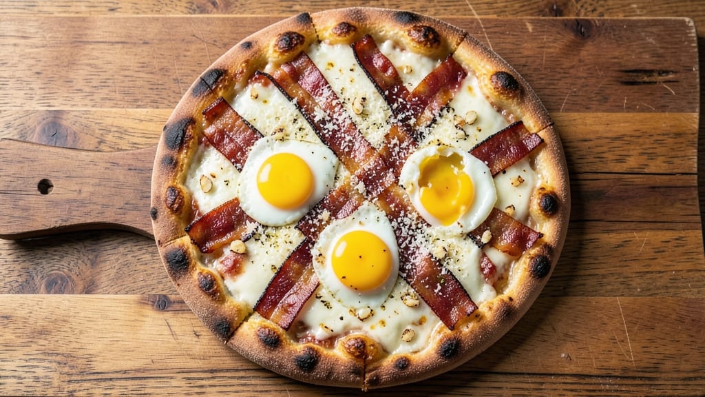 Bacon and Egg Pizza Recipe: Crispy Crust Cradles Runny Yolk Magic