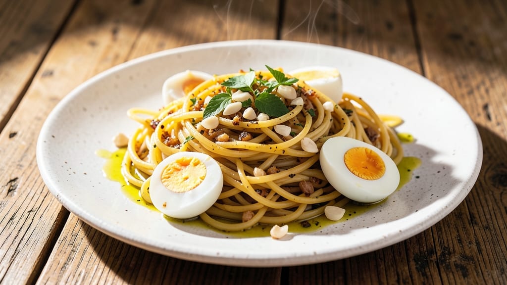 Spaghetti and Boiled Eggs Recipe: Crunchy Noodle Bites with Silky Yolk Magic