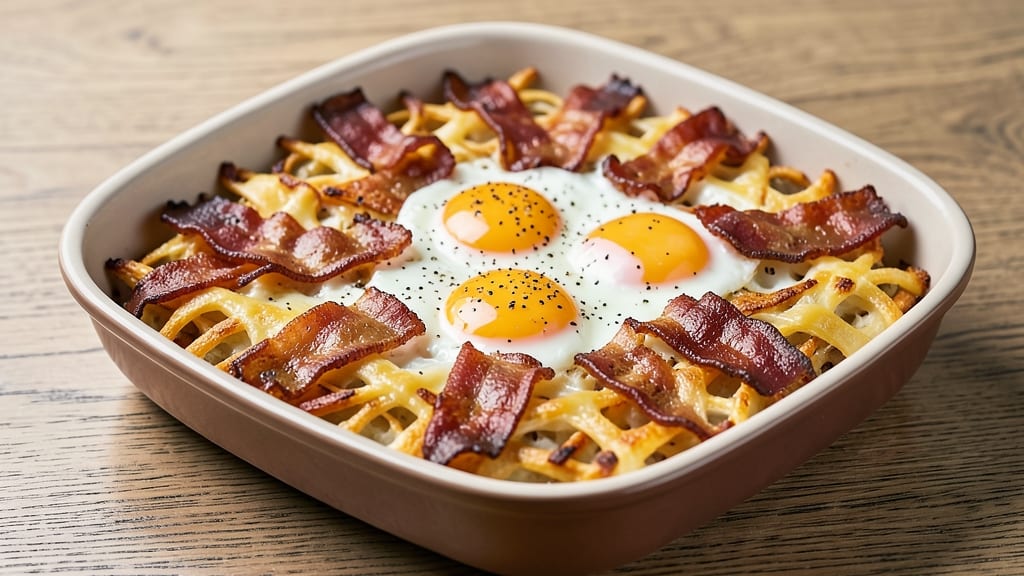 Bacon and Hash Brown Egg Bake Recipe: Crispy Potato Layers With Smoky Bacon Crunch
