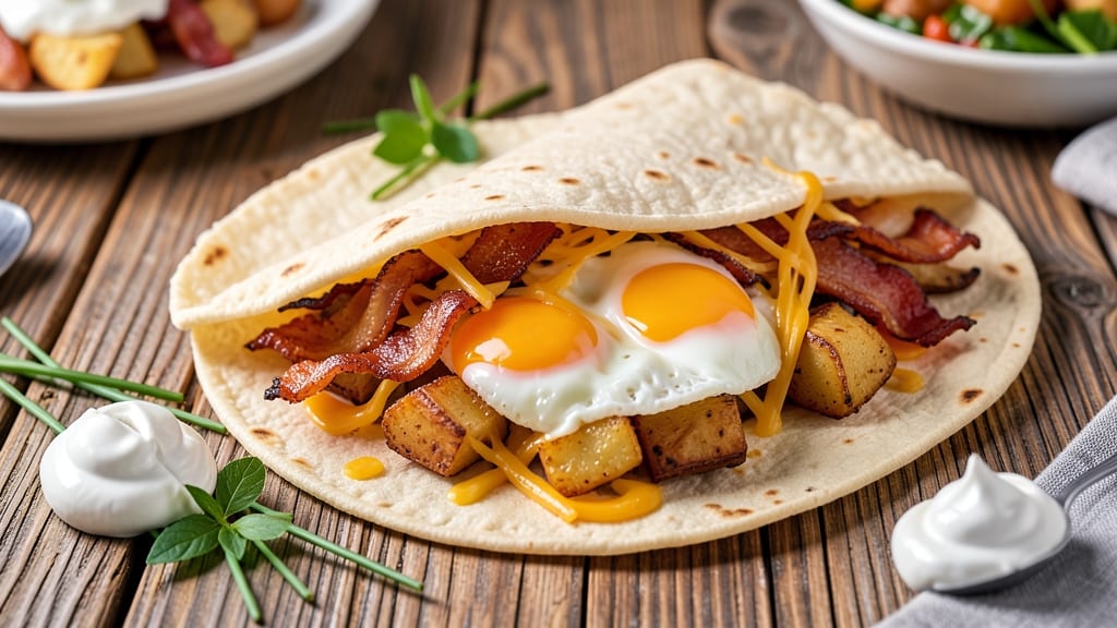 Bacon Egg and Potato Breakfast Burrito Recipe: Crispy Tortilla Hugs Smoky Yolk and Spuds