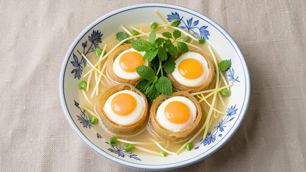 Sotanghon Soup With Egg Recipe: Crispy Tortilla Cups Hold Silky Yolk Heart