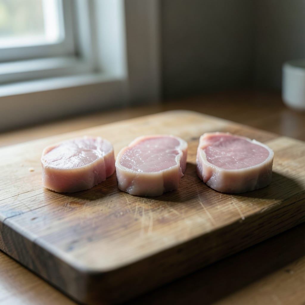 Three chops of different thickness, ready to be tested