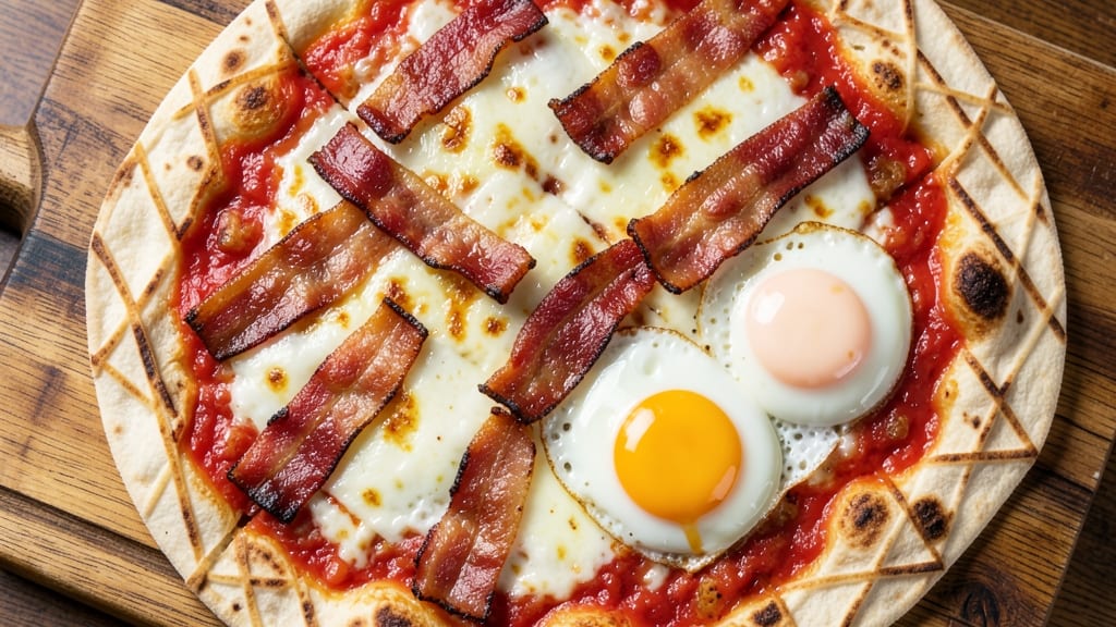 Bacon and Egg Breakfast Pizza Recipe: Crispy Tortilla Base With Smoky Yolk Heart