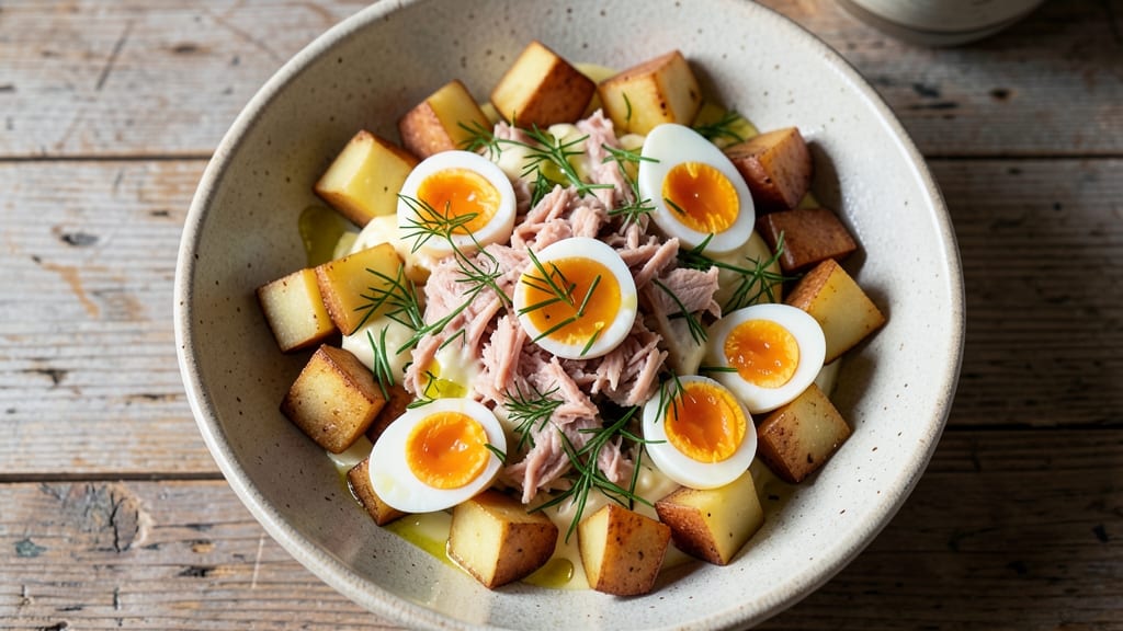 Tuna Egg Potato Salad Recipe: Crunchy Potatoes and Silky Poached Eggs
