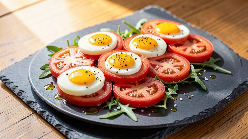 Sliced Tomato and Egg Recipe: Crispy Fried Eggs on Fresh Garden Salad